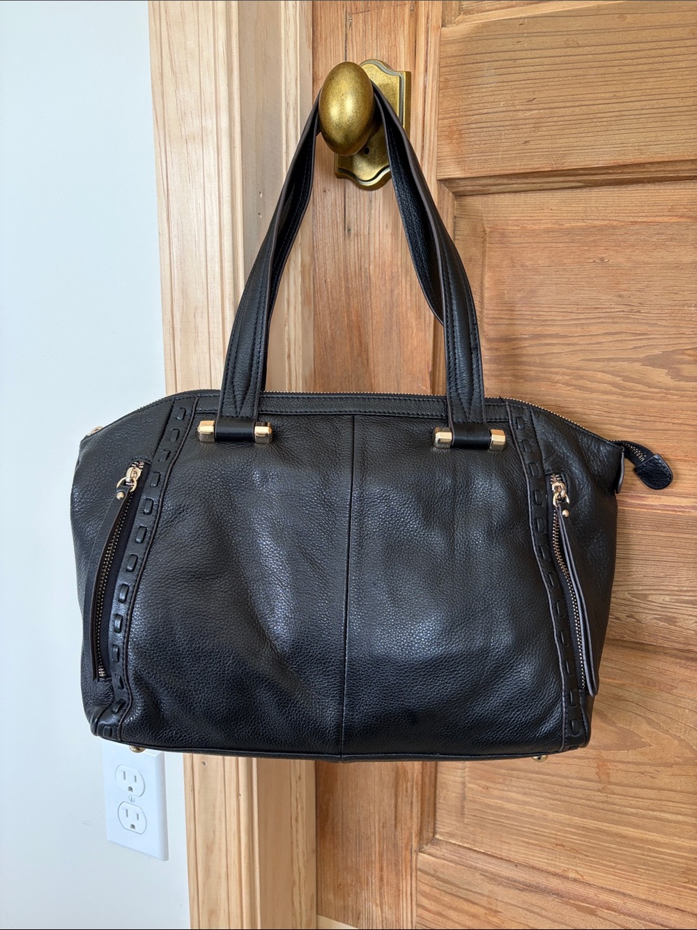 b. makowsky Black Leather Shoulder Tote with Gold Accents | EUC